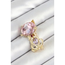 Youday Accessories Pembe Zirkon Taşlı Kap Detaylı Kedi Figürlü Gold Renk Kadın Broş