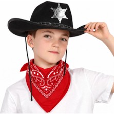 TeknoKapsül Çocuk Kovboy Şapka Rozetli Siyah Kırmızı Bandana Seti
