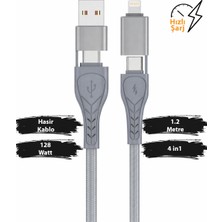 Mobilite 128W 4'ü 1 Arada (4ın1) Süper Hızlı Şarj Destekli Çoklu Fonksiyonlu Hasır Kablo 1.2 Metre