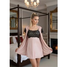 TeknoKapsül Pudra Kadife Sabahlık &amp; Gecelik Takım 2' Li