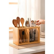 PremiumPort Çift Bölmeli Bambu Kaşıklık, Pencereli, 18X9X13 Cm, Şık ve Kullanışlı