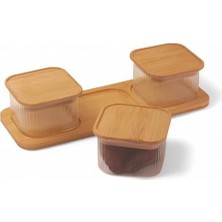 DMR Home 3'lü Bambu Kapaklı Cam Kahvaltılık ve Kuruyemişlik, 7 Parça Tepsili Kahvaltı ve Çerezlik Seti, Vakumlu Kapak