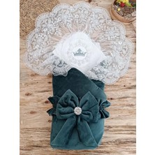 TeknoKapsül Yenidoğan Saray Kadife Taç Nakışlı Inci Fiyonklu Dantel Duvak Trilüks Kundak Bebek Battaniye Yeşil