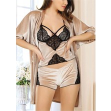 TeknoKapsül Vizon Kadife Dantelli Sabahlık &amp; Gecelik Takım 3' Lü