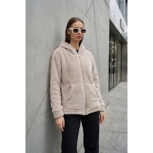 Segnante Kadın Kapüşonlu Fermuarlı Welsoft Yumuşak Kumaş Krem Peluş Polar