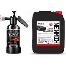 Newmix Cilalı Premium Fırçasız Oto Şampuanı 5 Lt + Köpük Yapıcı Kimyasal Dayanımlı Basınçlı Pompa 2 Litre