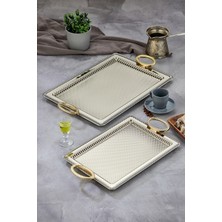 PremiumPort Şık Dikdörtgen Metal Sunum Tepsisi Çift Set 35X25 ve 44X32 cm
