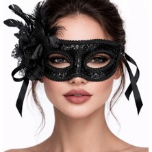 TeknoKapsül Siyah Venedik Parti Maskesi – Çiçekli Tüylü Payetli