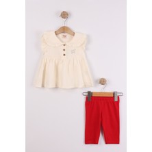 Joy Kids Kız Çocuk %100 Pamuk Müslin Gömlekli Taytlı Günlük Takım (9-36AY) (Ekru-Kırmızı)