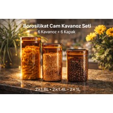 Karma 6 Adet Amber Borosilikat Cam Bakliyat Kavanozu – Cam Kapaklı - 3 Farklı Boy (1.8 L / 1.4 L / 1 L)