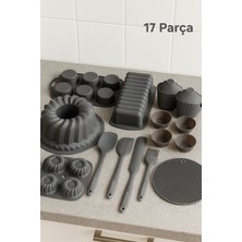 PremiumPort 17 Parça Antrasit Silikon Çeyiz Seti Kek ve Muffin Kalıbı, Spatula, Yumurta Fırçası, Nihale