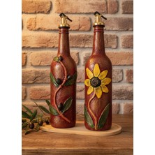 Rembox El Yapımı Cam Yağdanlık Seti 2’li 750 ml | Sanatsal Dekoratif Zeytin & Ayçiçek