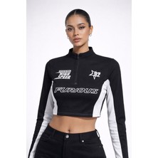 Machetta Kadın Fermuarlı Yaka Furious Baskılı Crop Sweatshirt
