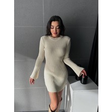 Moda Morfo Ispanyol Kol Bisiklet Yaka Triko Elbise -Taş