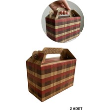 Roco Paper Co. Tutmalı Kraft Hediye Kutusu, Ekose Desenli Taşıma Kulplu Karton Poşet 2'li Set, 11X16X8 cm
