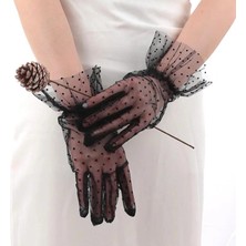 Die Grup  Kısa Güpürlü Siyah Puantiyeli Tül Eldiven