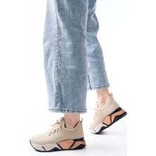 Aymood RS-400  Bej Bağcıklı Fileli Renkli Taban Günlük Kadın Spor