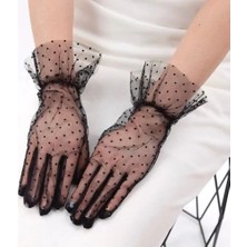 Die Grup  Kısa Güpürlü Siyah Puantiyeli Tül Eldiven