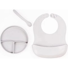 Die Grup  Gri 3’lü Silikon Yemek Seti – Önlük + Diş Kaşıyıcılı Kaşık + Vakumlu Tabak