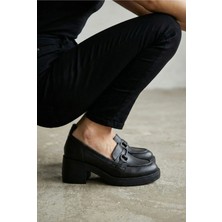 Giamgia Store Kadın Siyah Kalın Tabanlı Tokalı Platform Topuklu Günlük Loafer Casual Ayakkabı