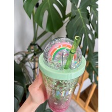 Pileli Store Pink Suluk Pipetli Buzlu Cam Görünümlü LED Işıklı 450 ml Çift Katman Mika 2103 Yeşil