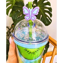 Pileli Store Suluk Pipetli Meyve Görselli LED Işıklı 450 ml Çift Katman Mika Su Şişesi 2096 Kiwi