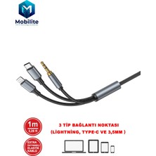 Mobilite Type-C iPhone Lightning To 3.5mm Aux Kumaş Örgülü Ses Kablosu 3 In 1 Stereo Destekli