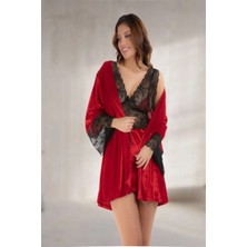 TeknoKapsül Kırmızı Kadife Sabahlık &amp; Gecelik Takım 2' Li