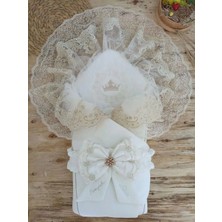 TeknoKapsül Yenidoğan Sahra Taç Nakışlı Plazma Taşlı Güpürlü Fiyonklu Duvaklı Trilüks Kundak Bebek Battaniyesi