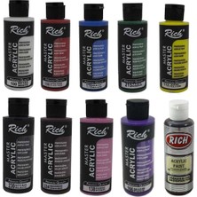 Rich 10'lu Akrilik Boya Seti Kırmızı Mavi Yeşil Mor Sarı Pembe Beyaz Kahverengi Siyah Asphaltum