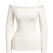 Mixray 2062 Kadın Carmen Yaka Dantelli Bluz Krem