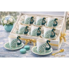 PremiumPort 6 Kişilik Lüks Yeşil Kuğu Porselen Kahve Fincan Takımı