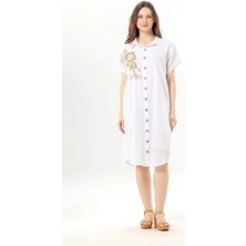 Eliş Şile Bezi Kısa Kol Mira Nakışlı Yazlık Şile Bezi Gömlek Elbise Beyaz Byz