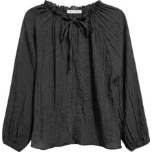 Mixray 4790 Kadın Hafif Transparan Büzgülü Bağlamalı Kraşlı Bluz Siyah