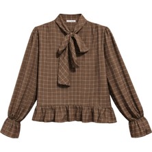 Mixray 4881 Kadın Kareli Bağlamalı Yaka Fırfırlı Bluz Kahve