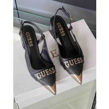 Evlium Guess Logolu Siyah Kadın Topuklu Sandalet - Metal Burun Detaylı Slingback Ayakkabı