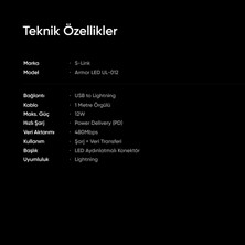 S-Link Armor Led Ul-012 12W 1 Metre Usb To Lightning Pd Örgülü Led Başlıklı Siyah Hızlı Şarj Kablosu