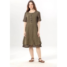 Eliş Şile Bezi Kısa Kol Hacer Çift Cepli Yazlık Poplin Otantik Elbise Haki Hk