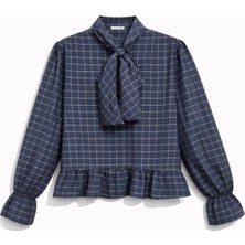 Mixray 4881 Kadın Ekoseli Bağlamalı Yaka Fırfırlı Bluz Lacivert