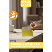 Canvela 50 Adet 7x9 cm Sarı Zarf Kalp Çiçek Kelebek Kilitli Mini Hediye Zarfı ve Kart Seti