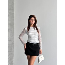 Shopping Shop Beli Büzgülü Puantiyeli Bluz BEYAZ