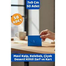 Canvela 50 Adet 7x9 cm Mavi Renk Zarf Kalp Çiçek Kelebek Kilitli Mini Hediye Zarfı ve Kart Seti