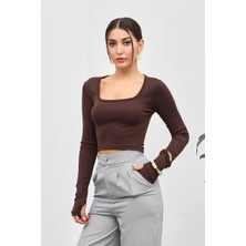 Shopping Shop Kare Yaka Parmak Geçmeli Bluz Kahve