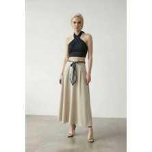 Shopping Shop Fular Kemerli Fermuarlı Etek Bej