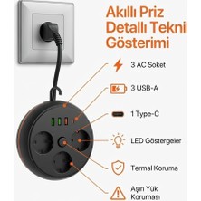 Gunkes Akım Korumalı Makaralı Priz – 3’lü Priz, 3x USB + Type-C Girişli, Anahtarlı, Çok Amaçlı Uzatma Kablosu