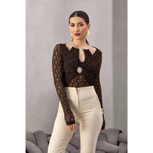 Shopping Shop Yaka Ay Aksesuarlı Dantel Bluz Kahve