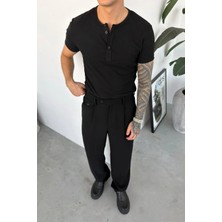HAFKA Siyah Basic Fitilli Düğmeli Yaka Relax Fit Kısa Kollu Tişört