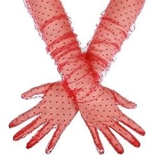 Die Grup  Uzun Boy Kırmızı Puantiyeli Kırmızı Renk Yetişkin Tül Eldiven 55 cm