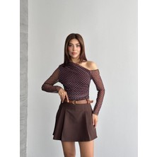 Shopping Shop Düşük Omuz Puantyeli Bluz Kahve