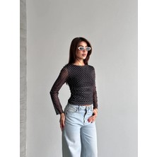 Shopping Shop Beli Büzgülü Puantiyeli Bluz SIYAH